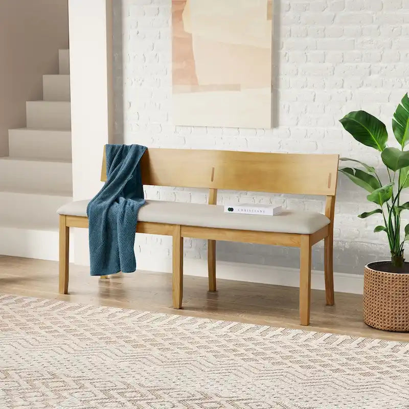 Solid Rubberwood Dining Bench with Curved Backrest and Upholstered Seat
