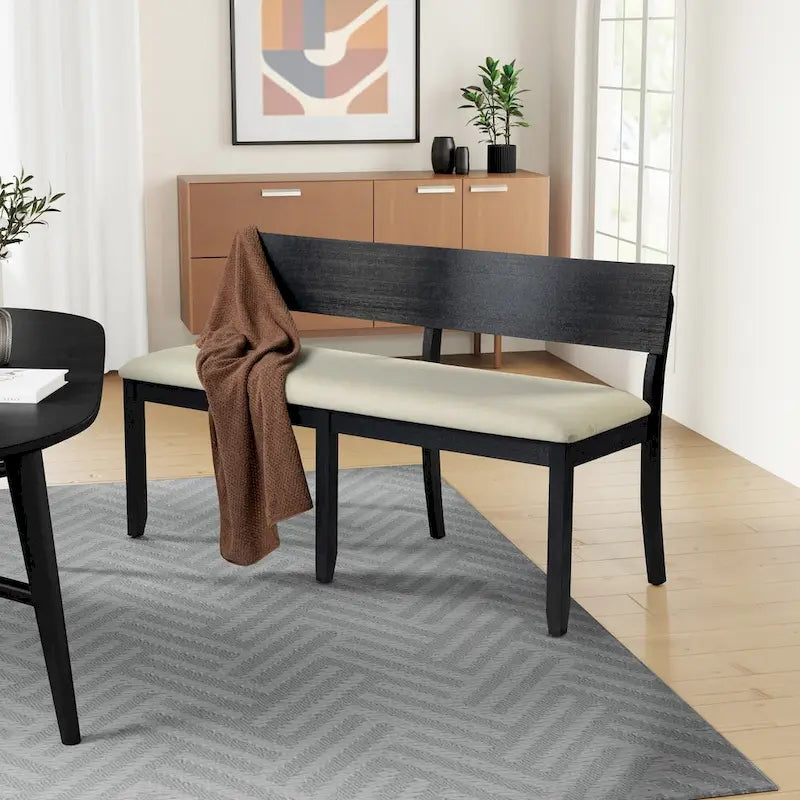 Solid Rubberwood Dining Bench with Curved Backrest and Upholstered Seat