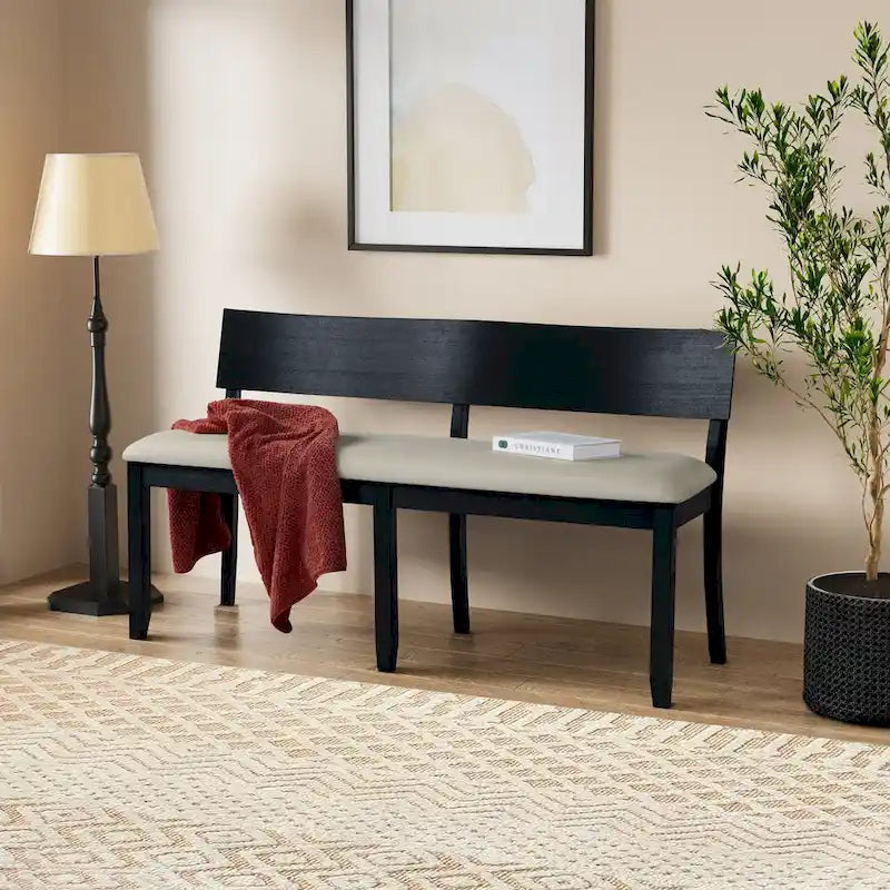 Solid Rubberwood Dining Bench with Curved Backrest and Upholstered Seat