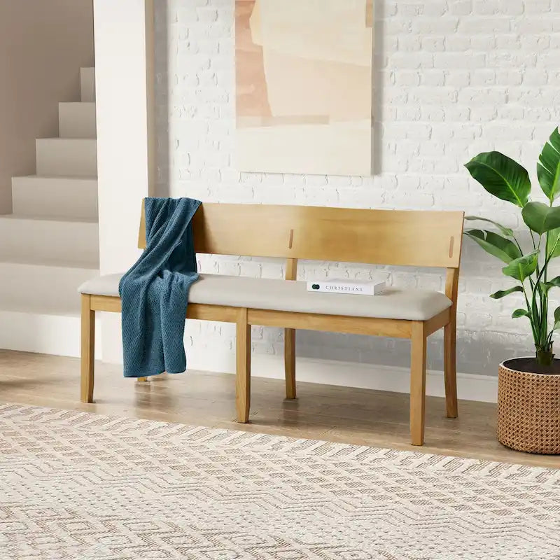 Solid Rubberwood Dining Bench with Curved Backrest and Upholstered Seat
