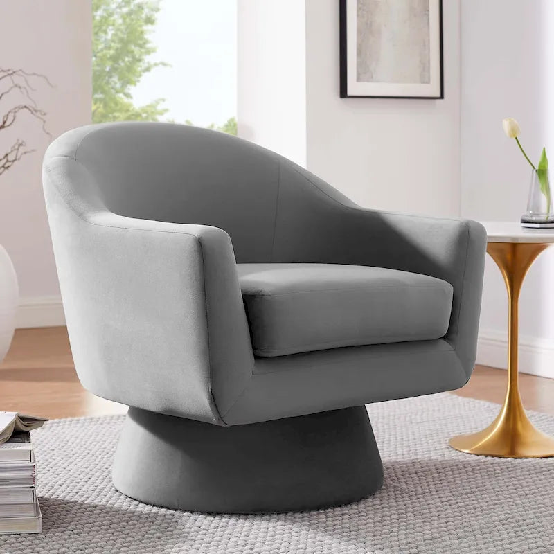 Performance Velvet Fabric Swivel Accent Chair with Wood Base