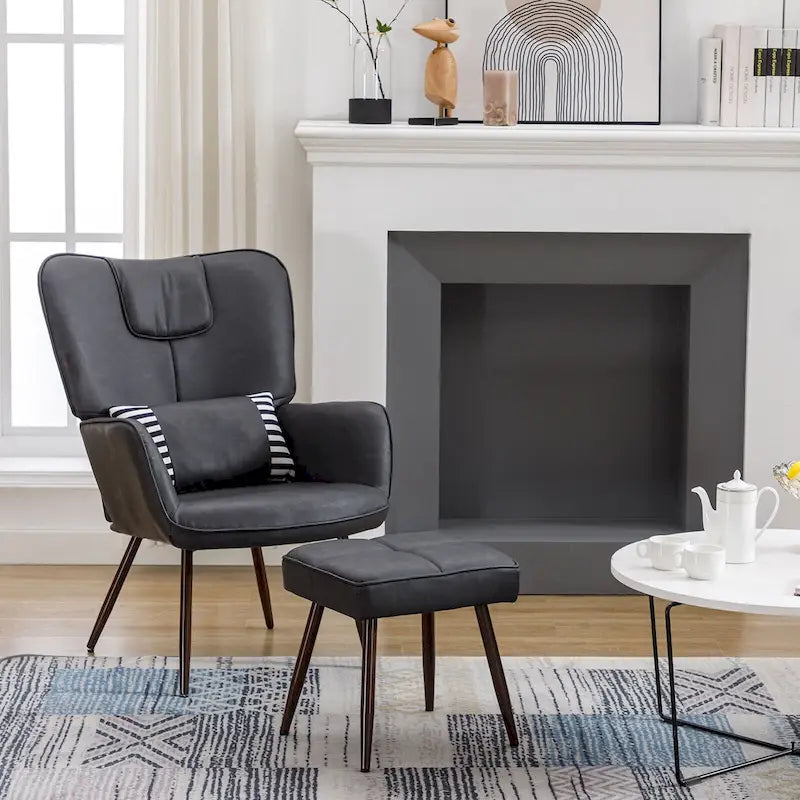 Fauteuil à oreilles en similicuir avec ottoman pour salon