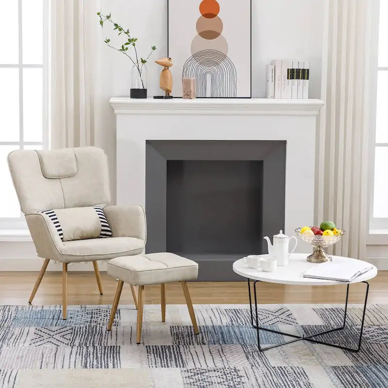 Fauteuil à oreilles en similicuir avec ottoman pour salon