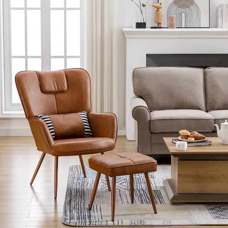 Faux Leather Wingback Chair with Ottoman Accent Living Room Chair