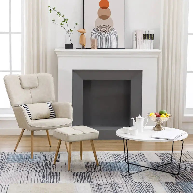 Faux Leather Wingback Chair with Ottoman Accent Living Room Chair