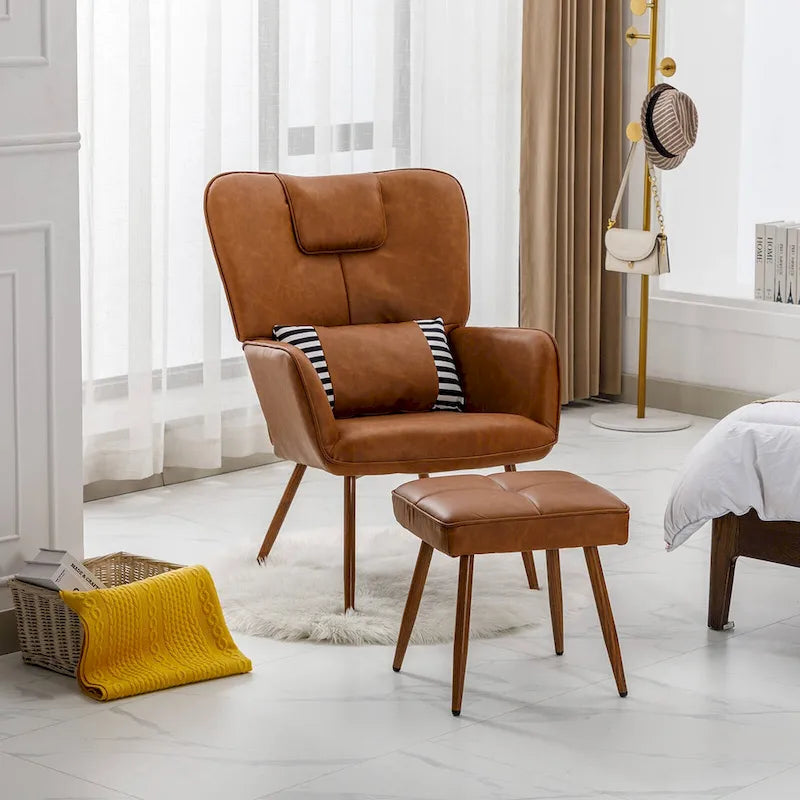 Faux Leather Wingback Chair with Ottoman Accent Living Room Chair