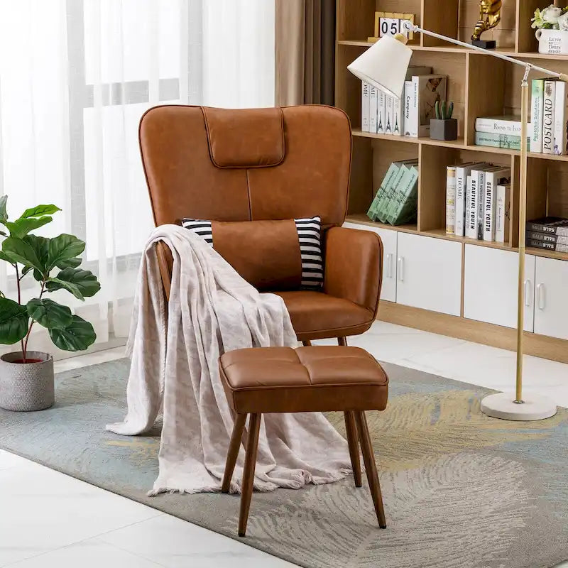 Faux Leather Wingback Chair with Ottoman Accent Living Room Chair