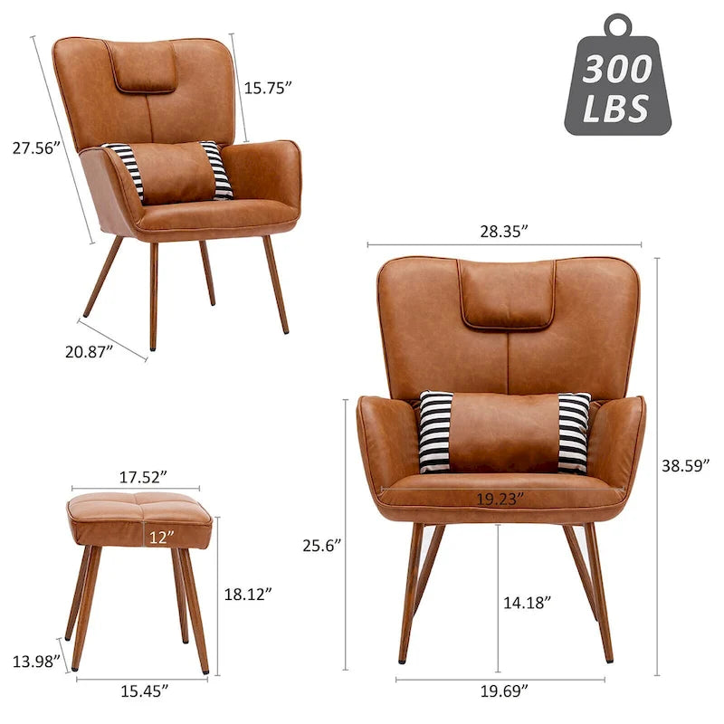 Faux Leather Wingback Chair with Ottoman Accent Living Room Chair