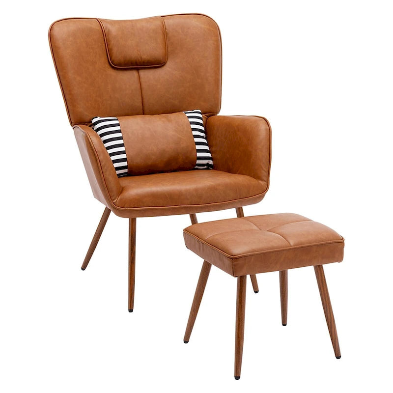 Faux Leather Wingback Chair with Ottoman Accent Living Room Chair