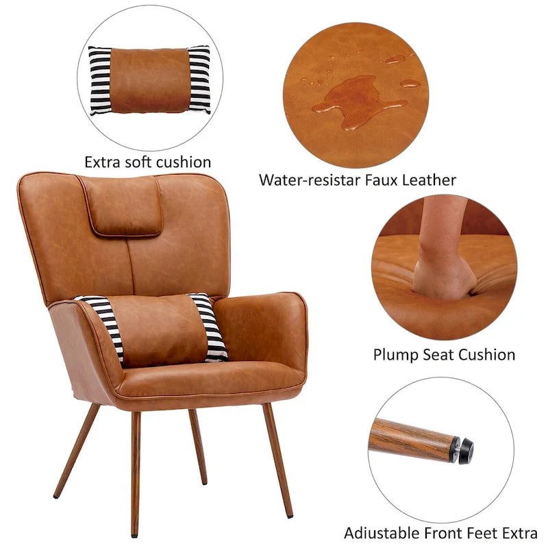 Faux Leather Wingback Chair with Ottoman Accent Living Room Chair
