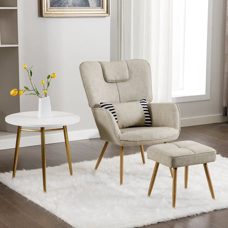 Faux Leather Wingback Chair with Ottoman Accent Living Room Chair