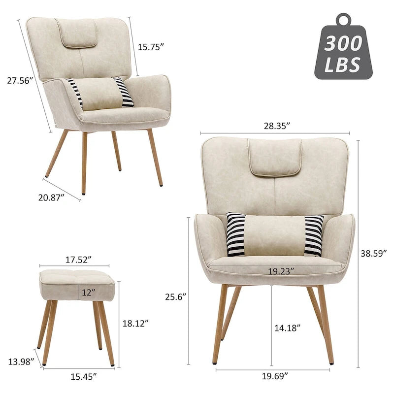 Faux Leather Wingback Chair with Ottoman Accent Living Room Chair