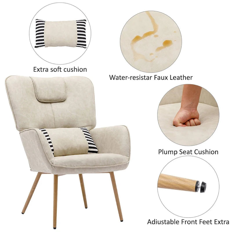 Faux Leather Wingback Chair with Ottoman Accent Living Room Chair
