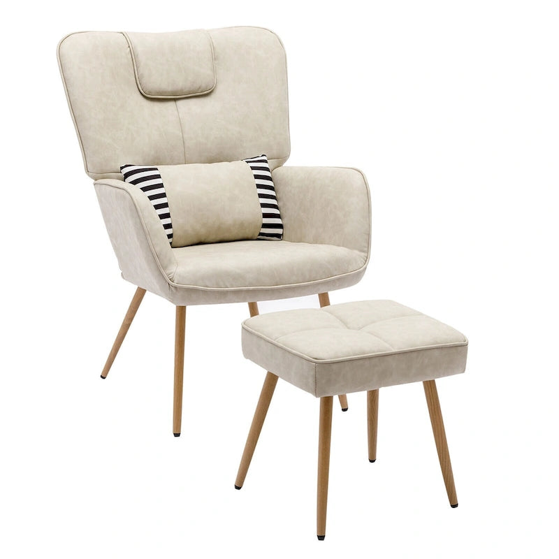 Faux Leather Wingback Chair with Ottoman Accent Living Room Chair