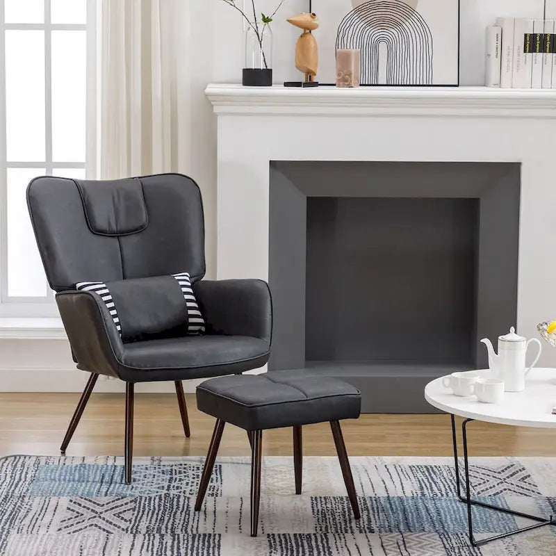 Faux Leather Wingback Chair with Ottoman Accent Living Room Chair
