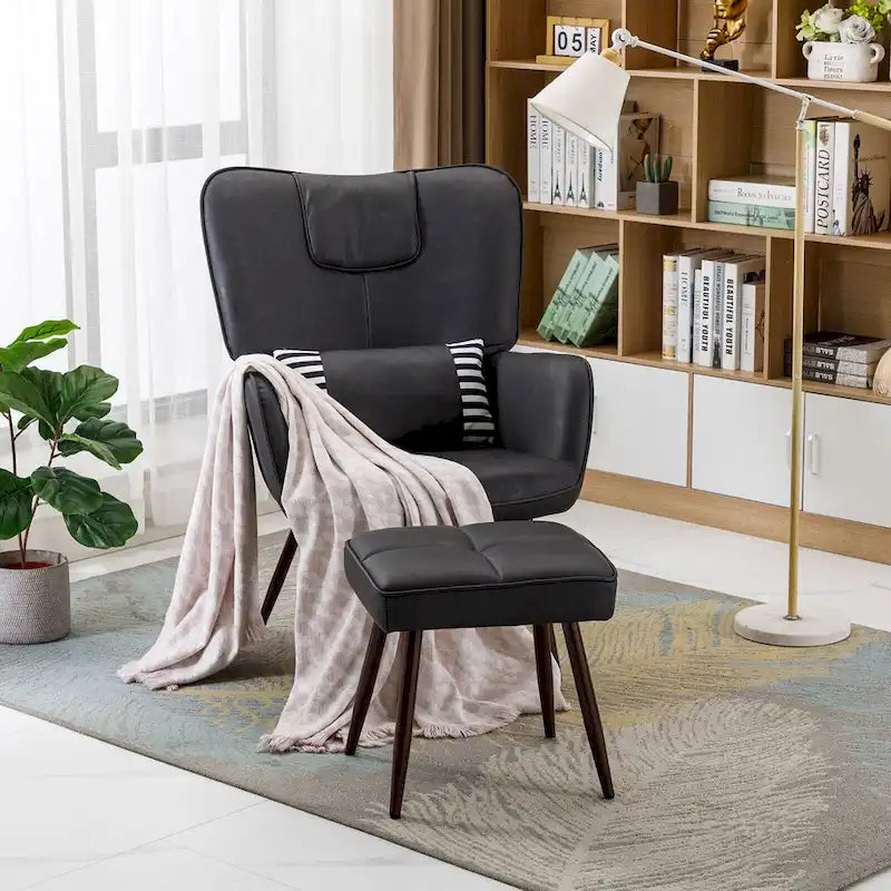 Faux Leather Wingback Chair with Ottoman Accent Living Room Chair