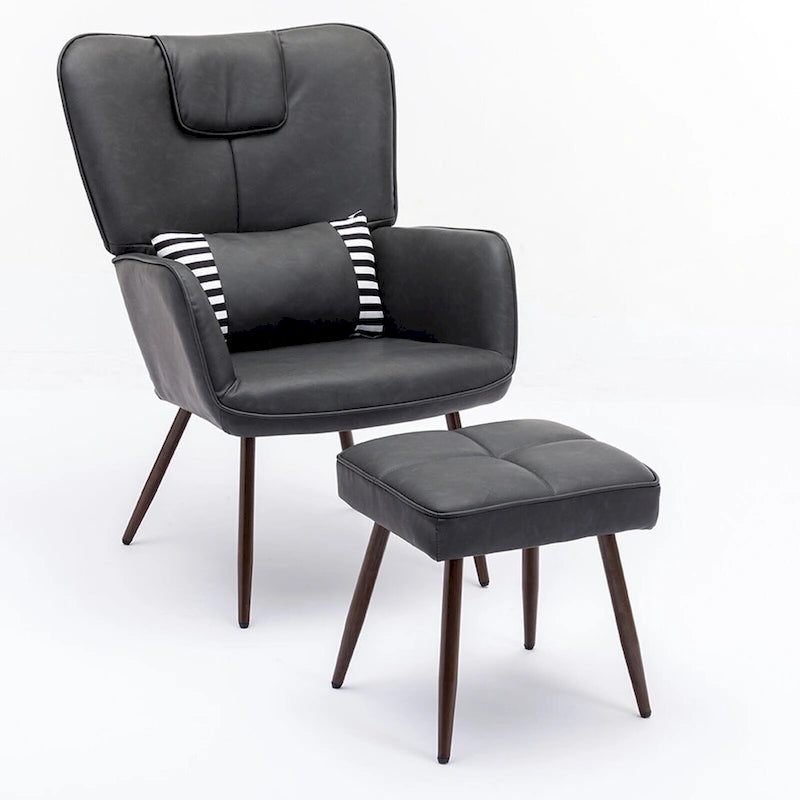 Faux Leather Wingback Chair with Ottoman Accent Living Room Chair