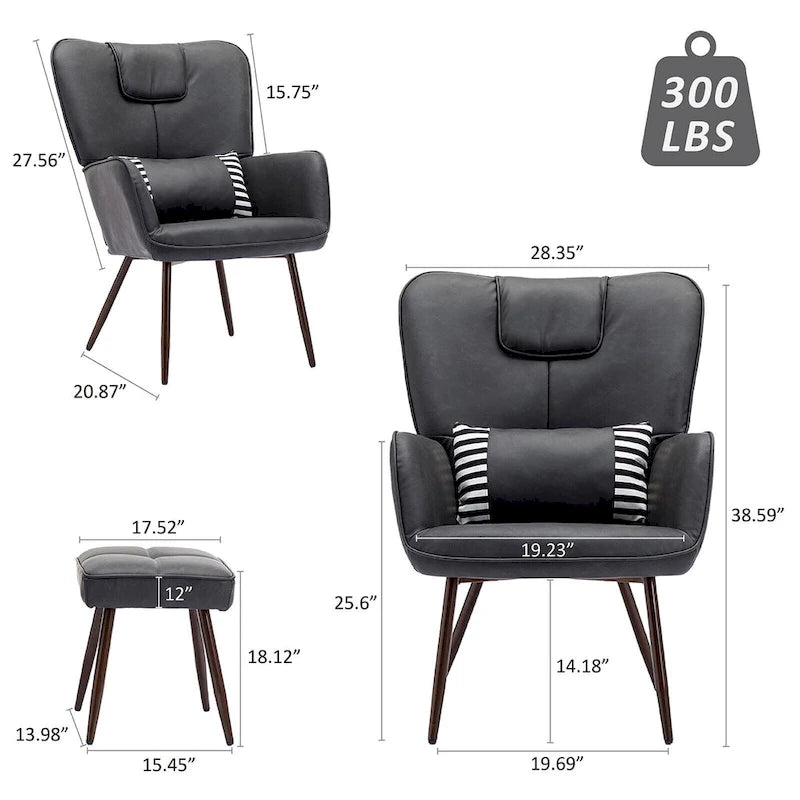 Faux Leather Wingback Chair with Ottoman Accent Living Room Chair