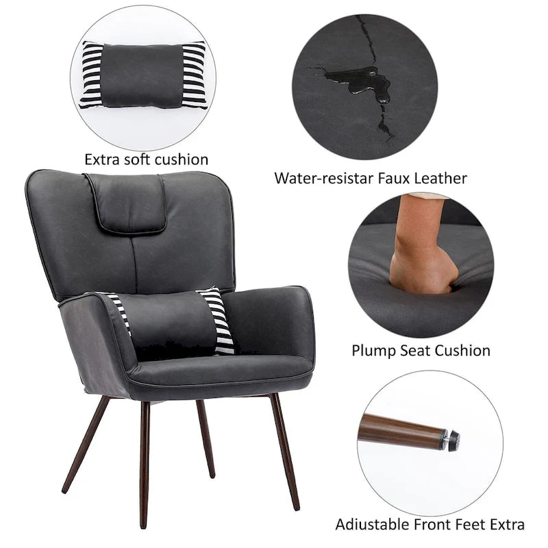Faux Leather Wingback Chair with Ottoman Accent Living Room Chair
