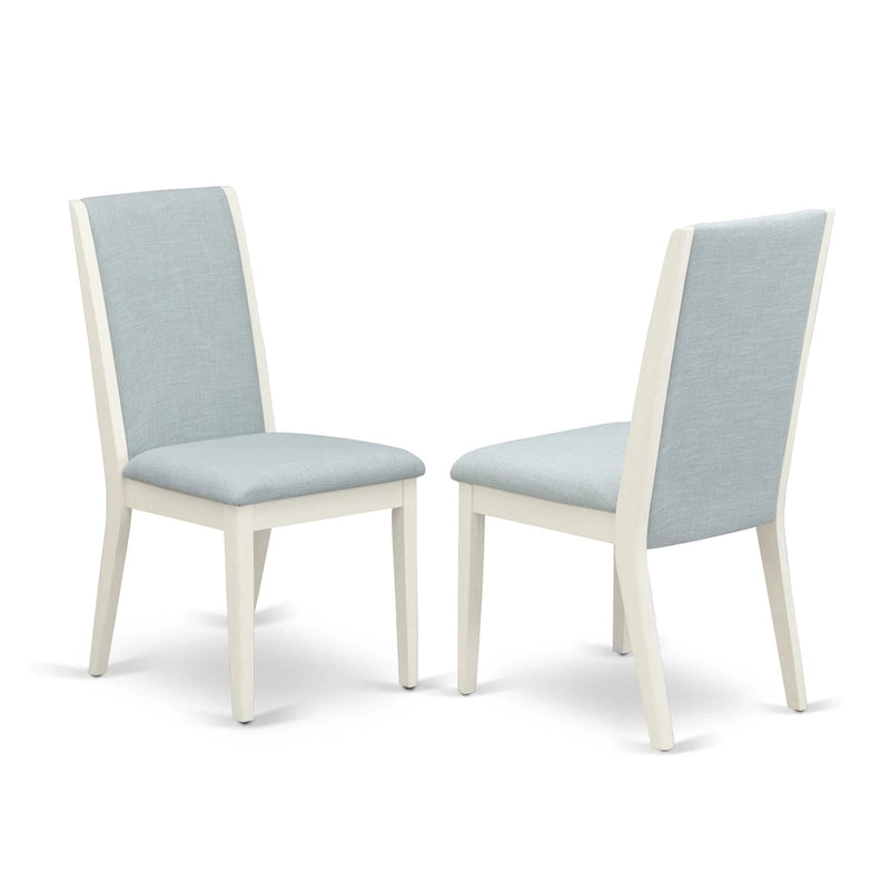 Linen upholstered dining chairs, two chairs per set, various finishes available.