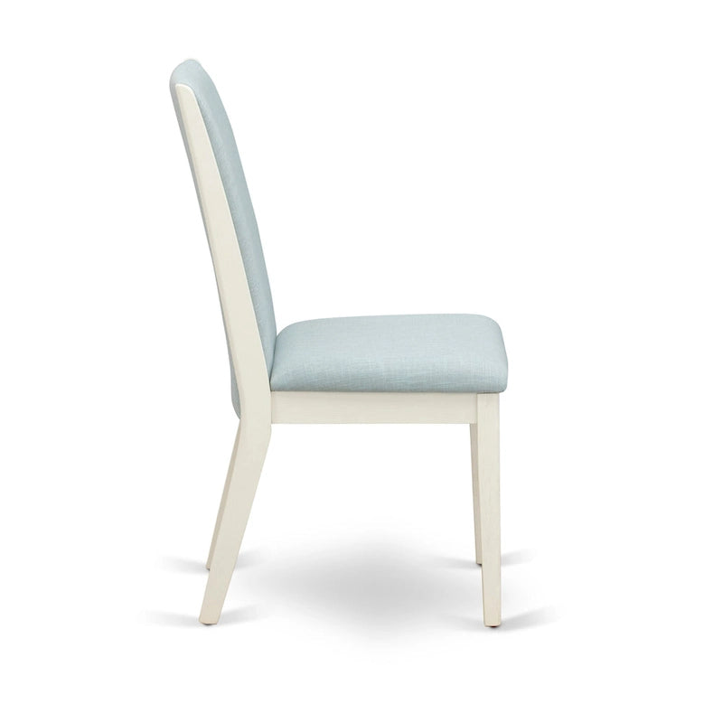 Linen upholstered dining chairs, two chairs per set, various finishes available.