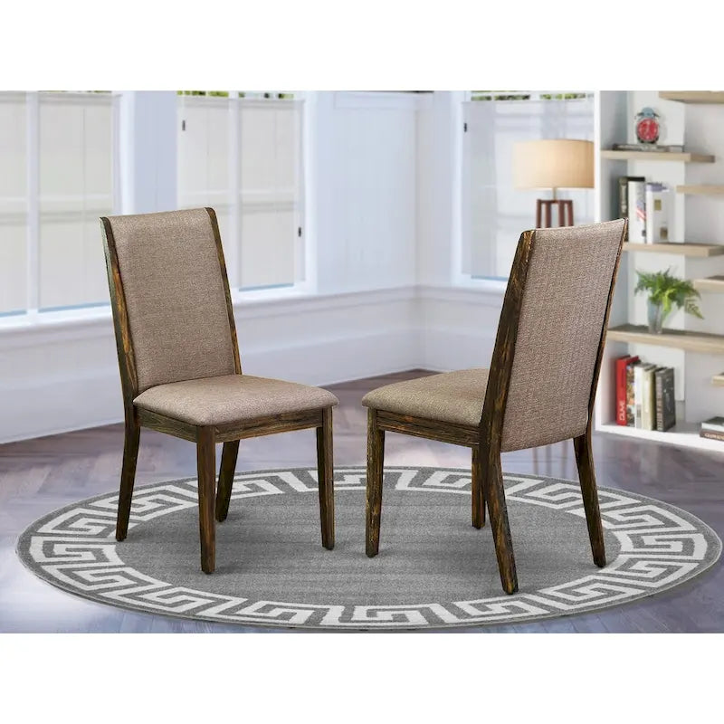 Linen upholstered dining chairs, two chairs per set, various finishes available.