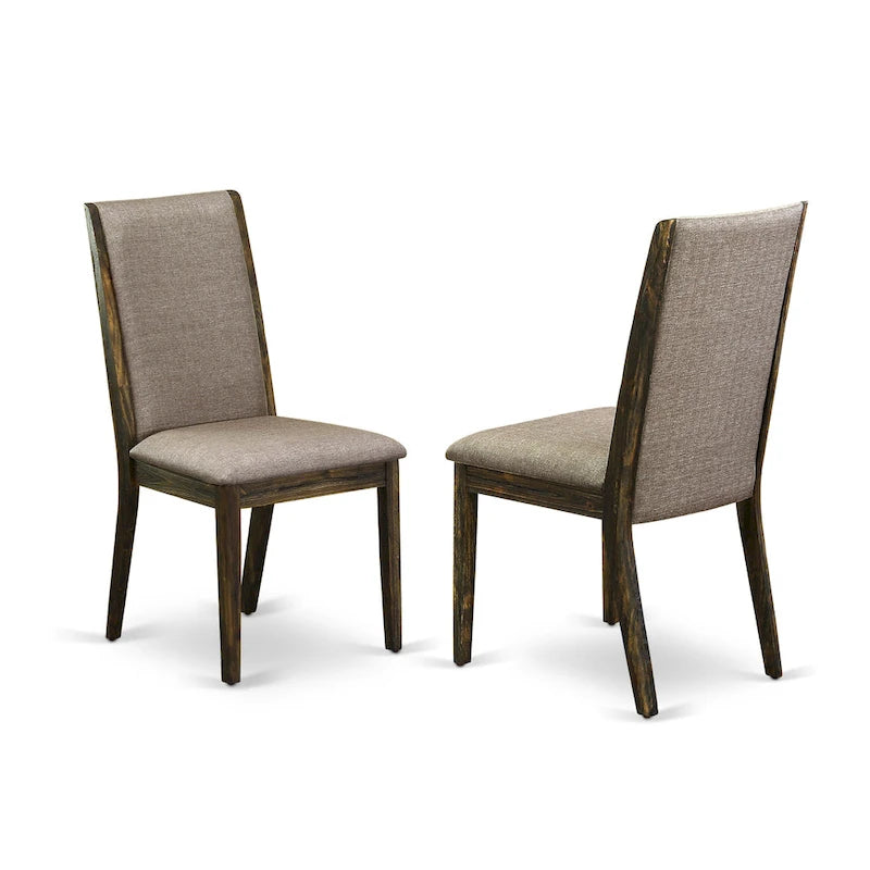 Linen upholstered dining chairs, two chairs per set, various finishes available.