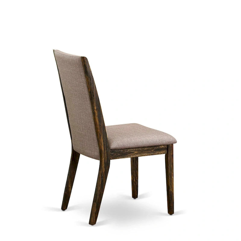 Linen upholstered dining chairs, two chairs per set, various finishes available.