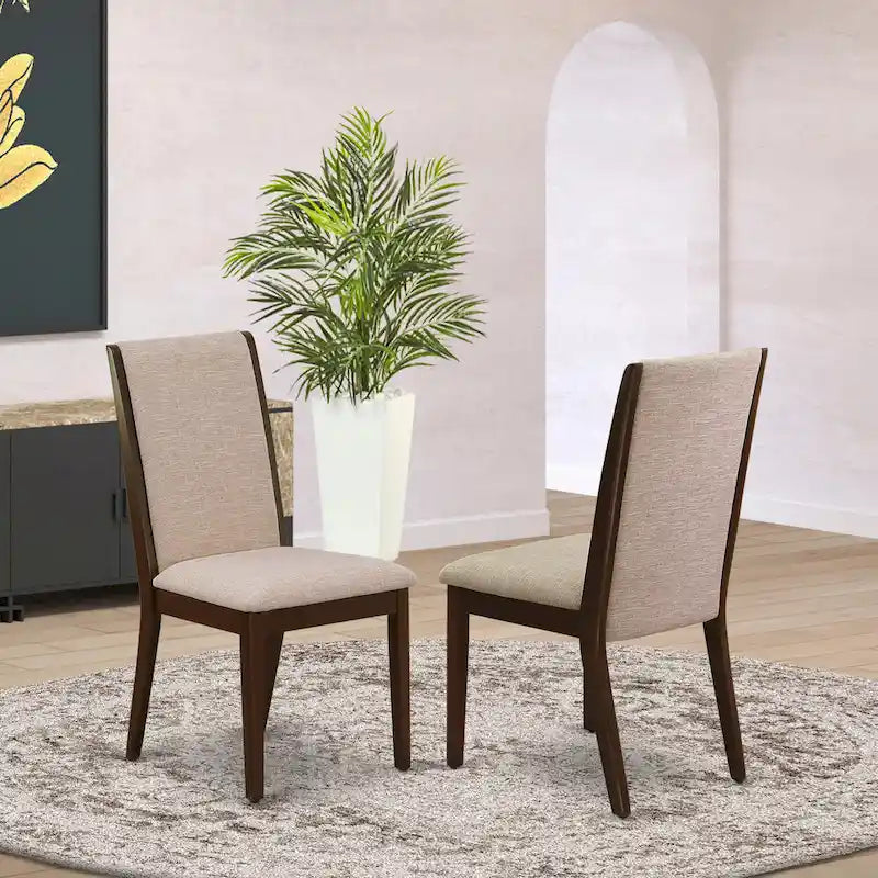 Linen upholstered dining chairs, two chairs per set, various finishes available.