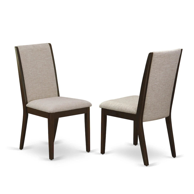 Linen upholstered dining chairs, two chairs per set, various finishes available.