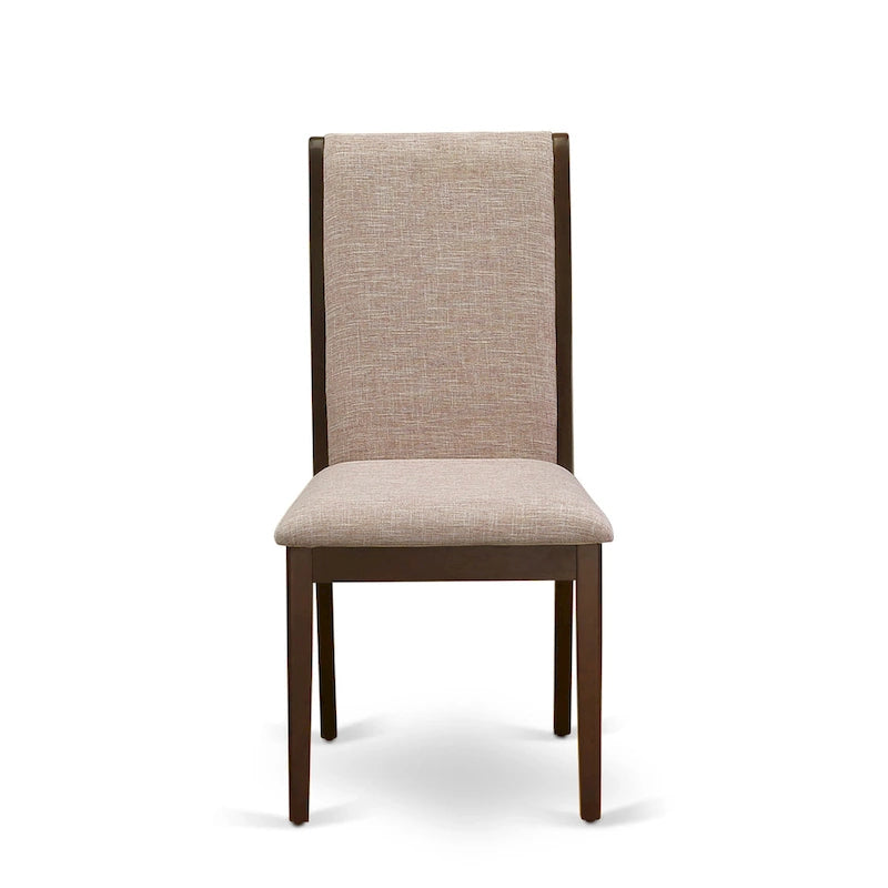 Linen upholstered dining chairs, two chairs per set, various finishes available.