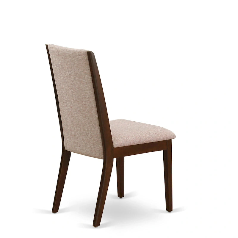 Linen upholstered dining chairs, two chairs per set, various finishes available.