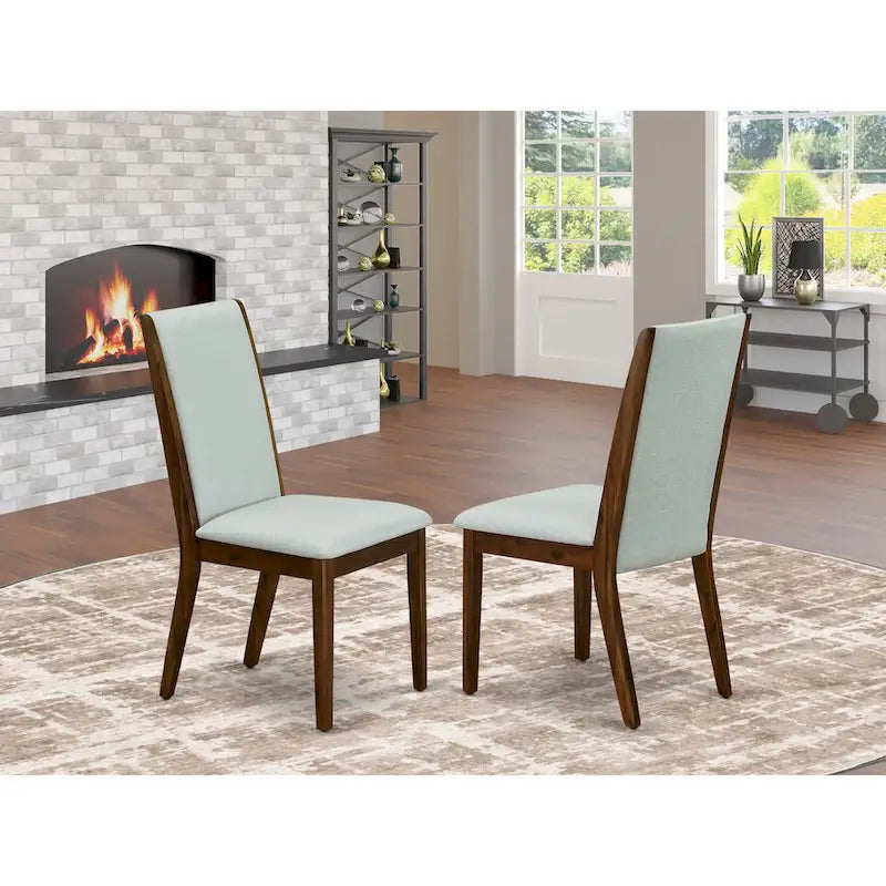 Linen upholstered dining chairs, two chairs per set, various finishes available.