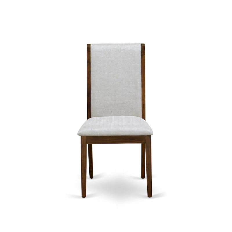 Linen upholstered dining chairs, two chairs per set, various finishes available.