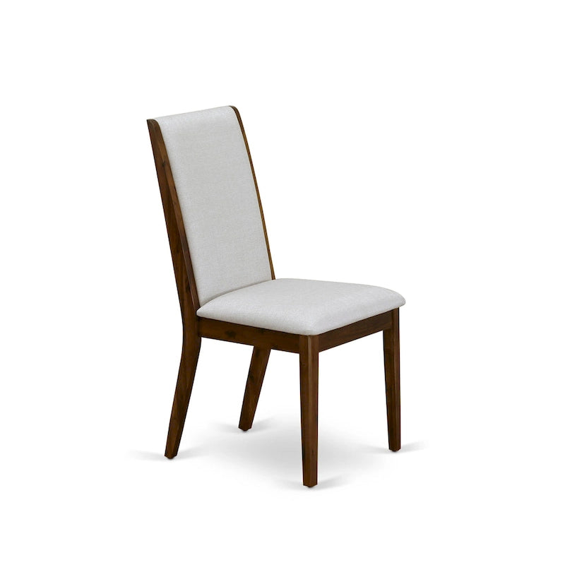 Linen upholstered dining chairs, two chairs per set, various finishes available.