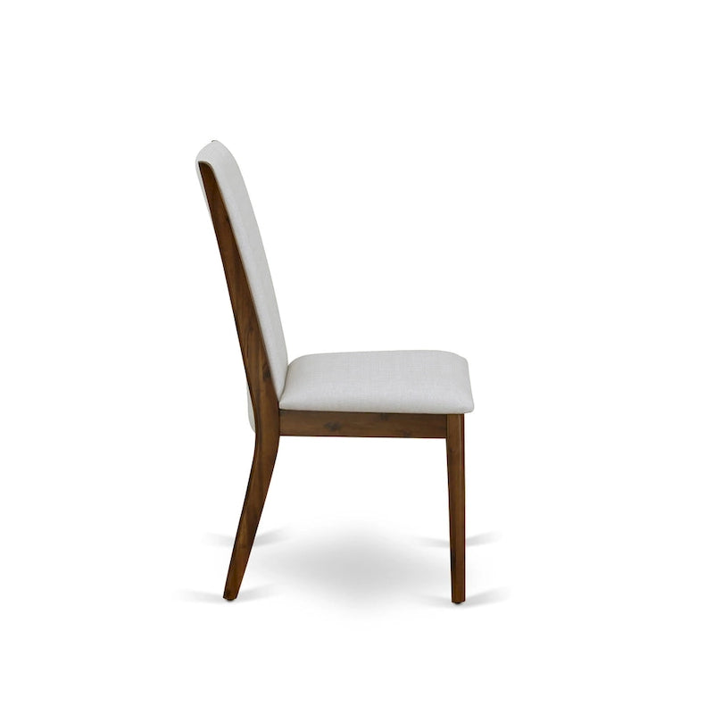 Linen upholstered dining chairs, two chairs per set, various finishes available.