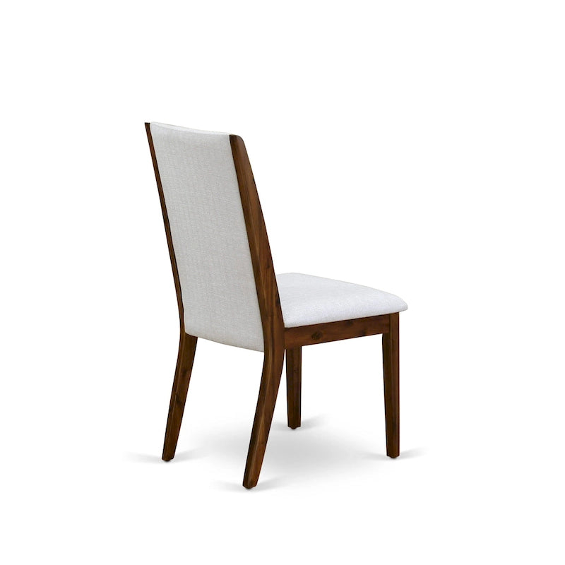 Linen upholstered dining chairs, two chairs per set, various finishes available.