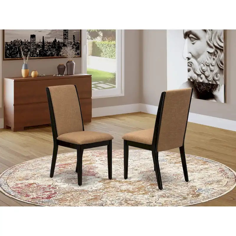 Linen upholstered dining chairs, two chairs per set, various finishes available.