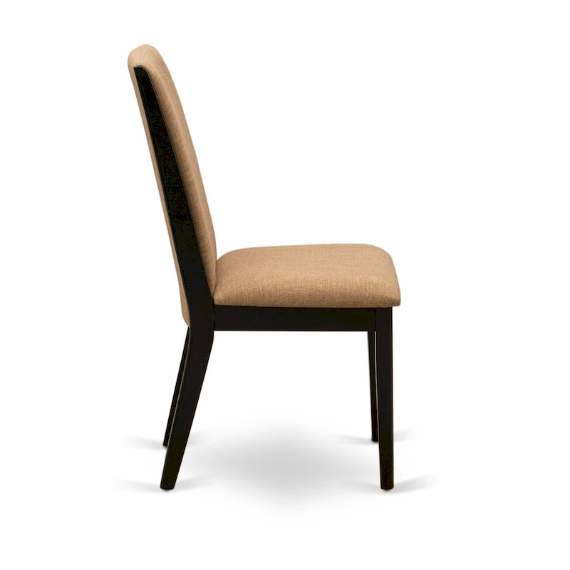 Linen upholstered dining chairs, two chairs per set, various finishes available.