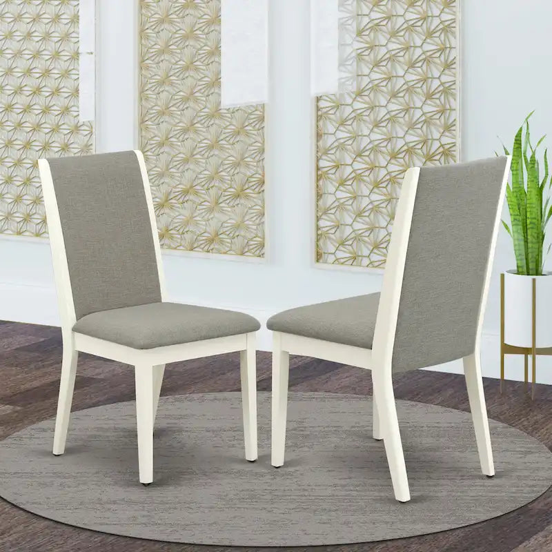 Linen upholstered dining chairs, two chairs per set, various finishes available.