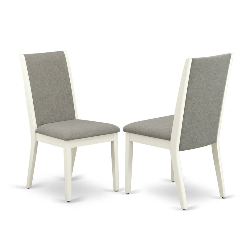 Linen upholstered dining chairs, two chairs per set, various finishes available.