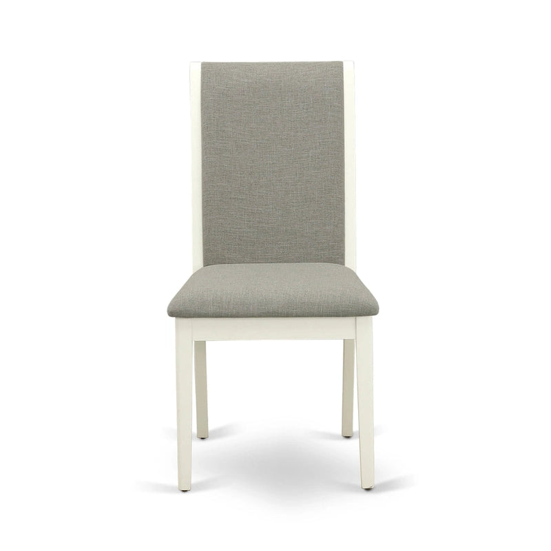Linen upholstered dining chairs, two chairs per set, various finishes available.
