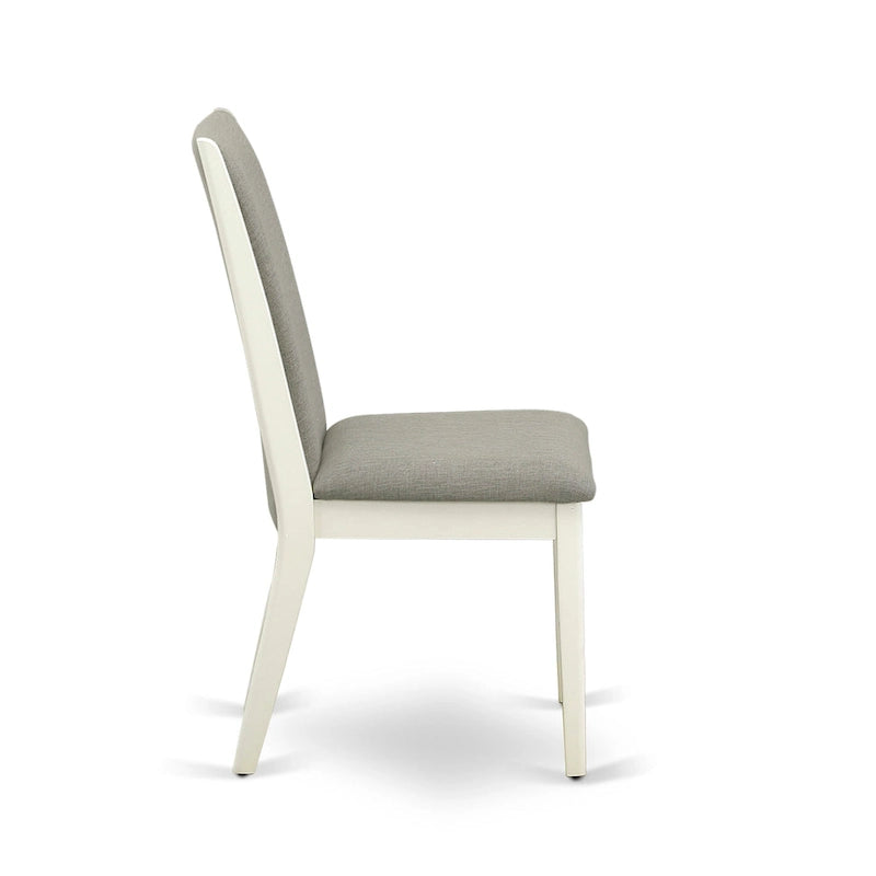 Linen upholstered dining chairs, two chairs per set, various finishes available.