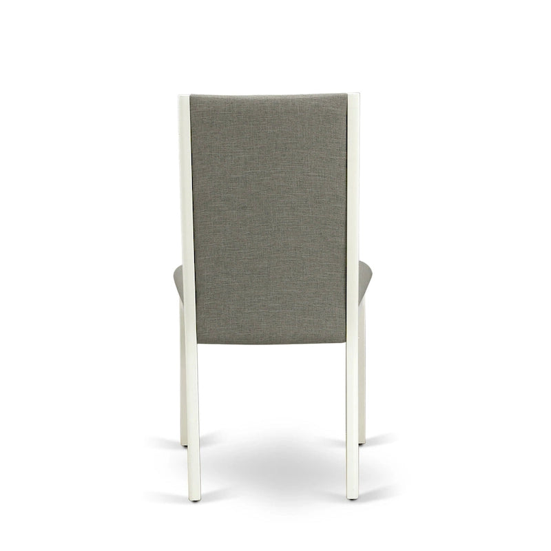 Linen upholstered dining chairs, two chairs per set, various finishes available.