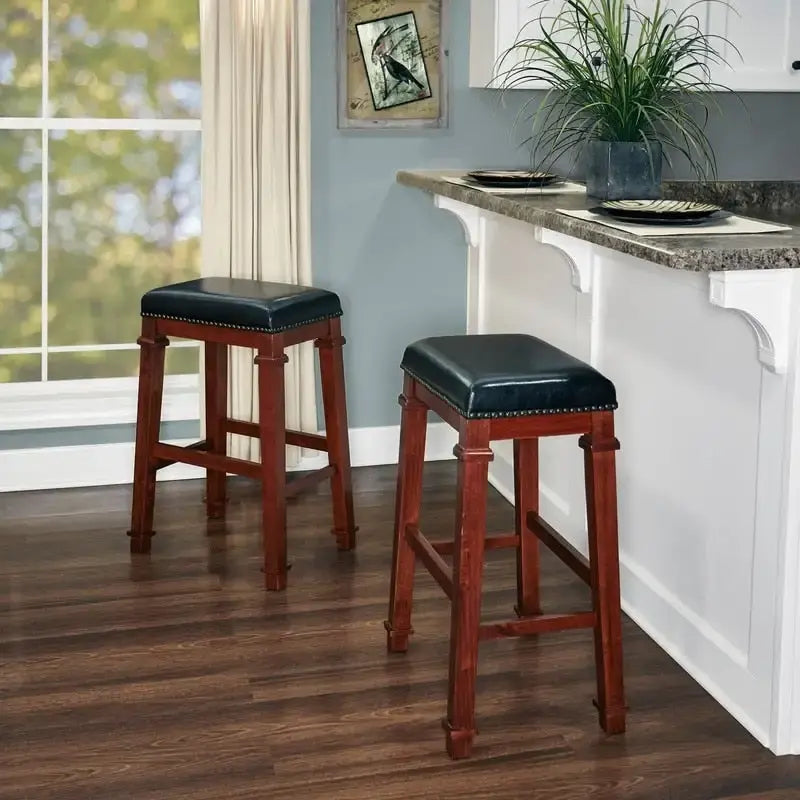 Black Faux Leather Backless Bar Stool with Dark Cherry Wood Finish
