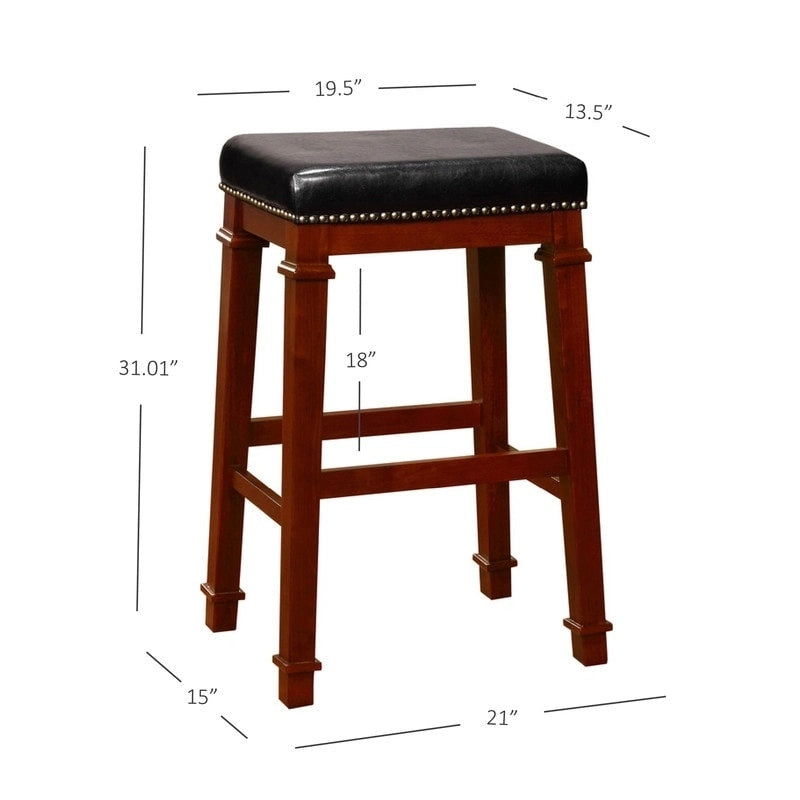 Black Faux Leather Backless Bar Stool with Dark Cherry Wood Finish