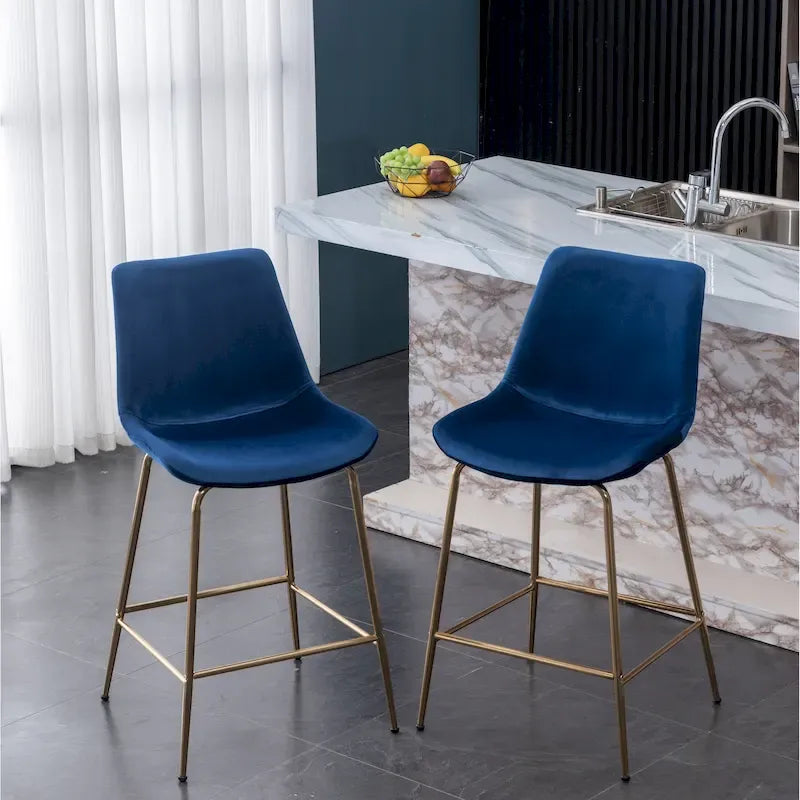 Modern Velvet Upholstered Counter Height Bar Stool with Gold Legs Set of 2