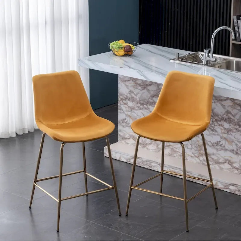 Tabourets de bar modernes en velours capitonné, hauteur comptoir, avec pieds dorés, ensemble de 2