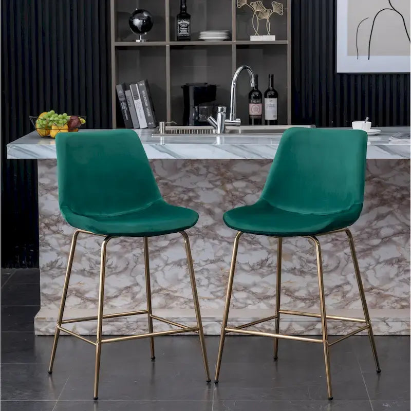 Tabourets de bar modernes en velours capitonné, hauteur comptoir, avec pieds dorés, ensemble de 2