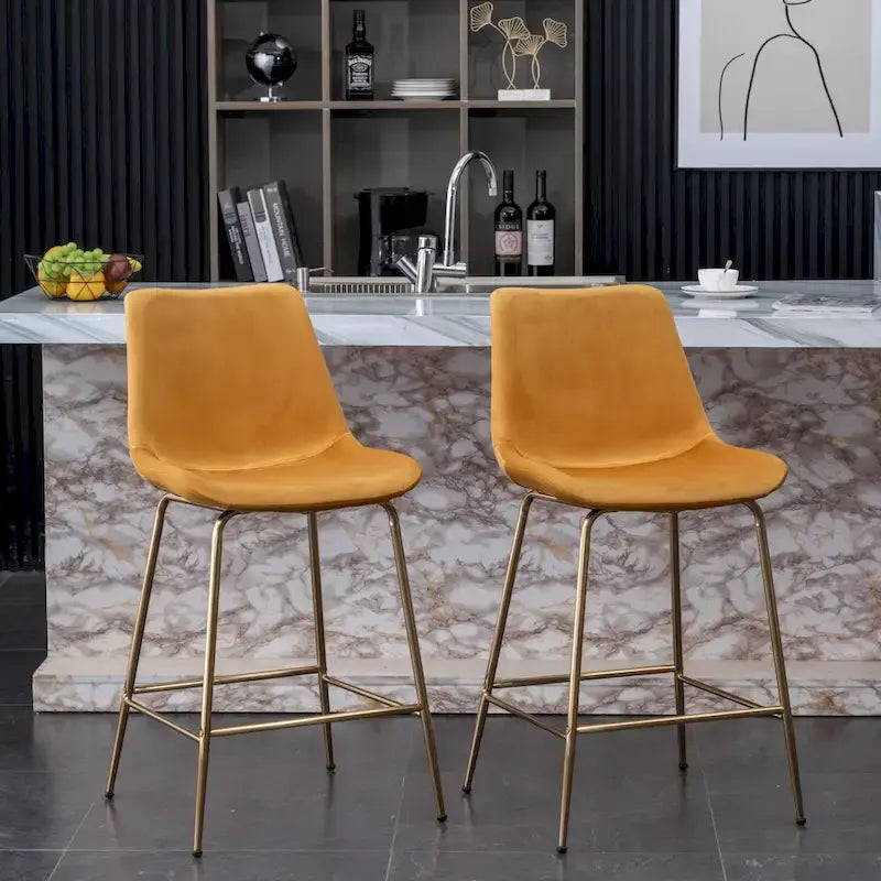 Modern Velvet Upholstered Counter Height Bar Stool with Gold Legs Set of 2